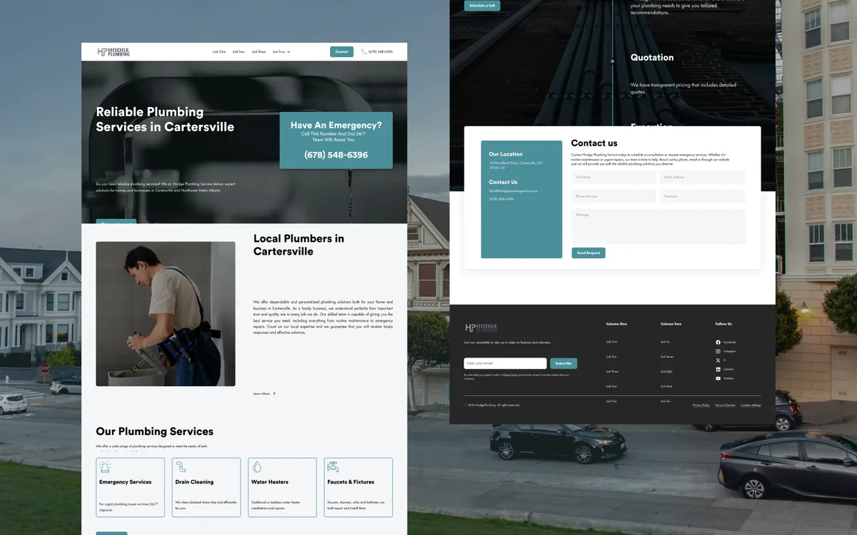 Hodge Plumbing website design: a "Reliable Plumbing Services in Cartersville" hero, a plumber at work, a services grid and a contact form.