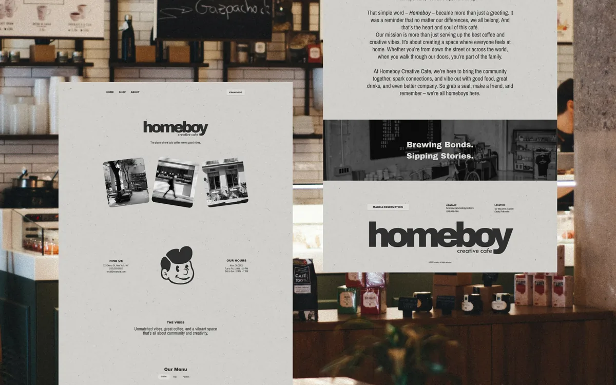 Homeboy Creative Cafe website design in warm gray paper tones, with cafe photos, the Homeboy logo and its cartoon mascot, shown inside a cafe.