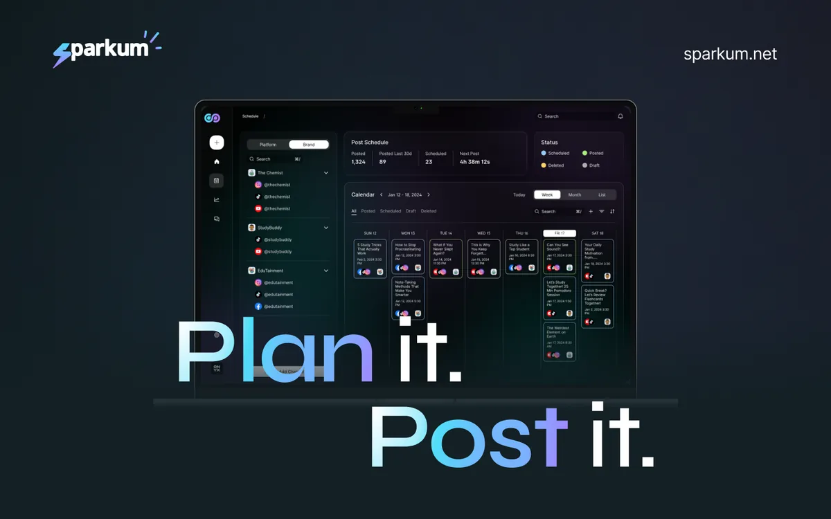 Sparkum web app design system in dark mode: a weekly content calendar dashboard under the words "Plan it. Post it."