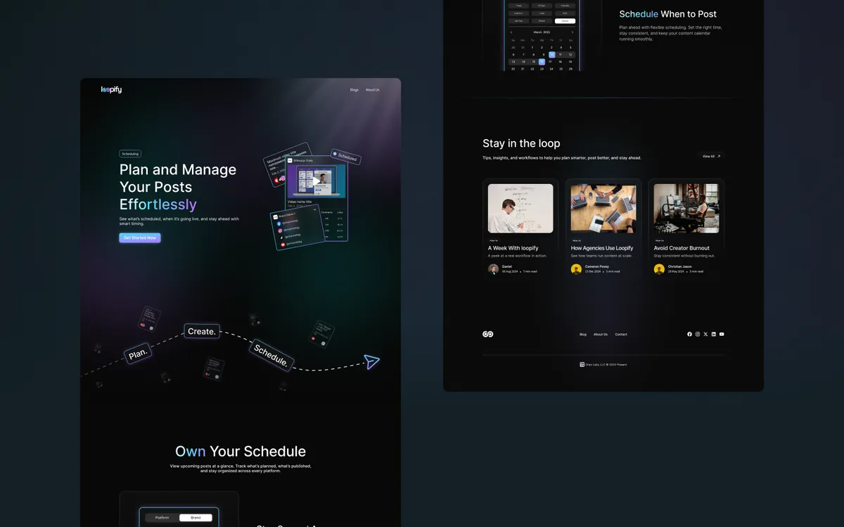 Sparkum website redesign: dark pages with a hero reading "Plan and Manage Your Posts Effortlessly", a Plan, Create, Schedule path and a blog section.