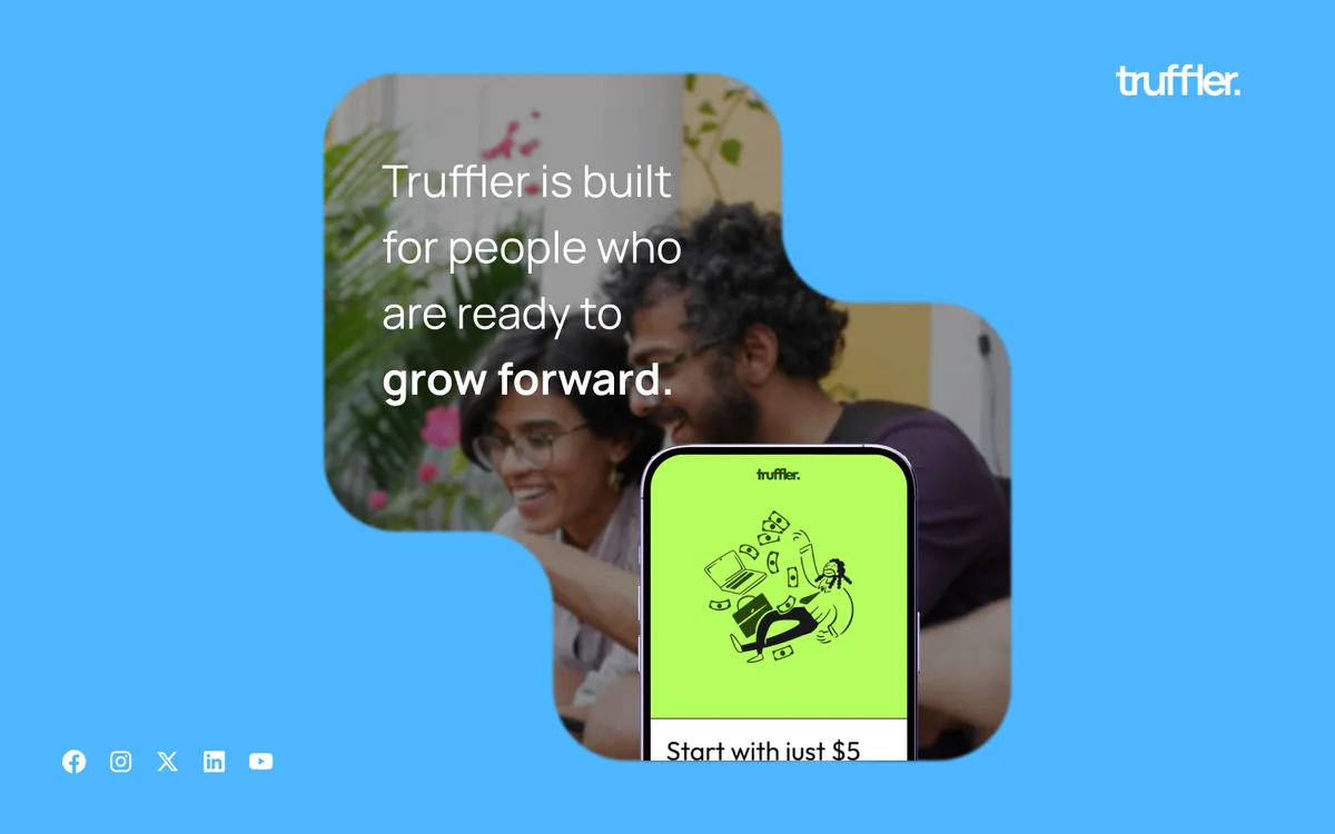 Truffler finance mobile app design on a blue background: a smiling person next to a phone with a lime-green screen, and the line "Truffler is built for people who are ready to grow forward."